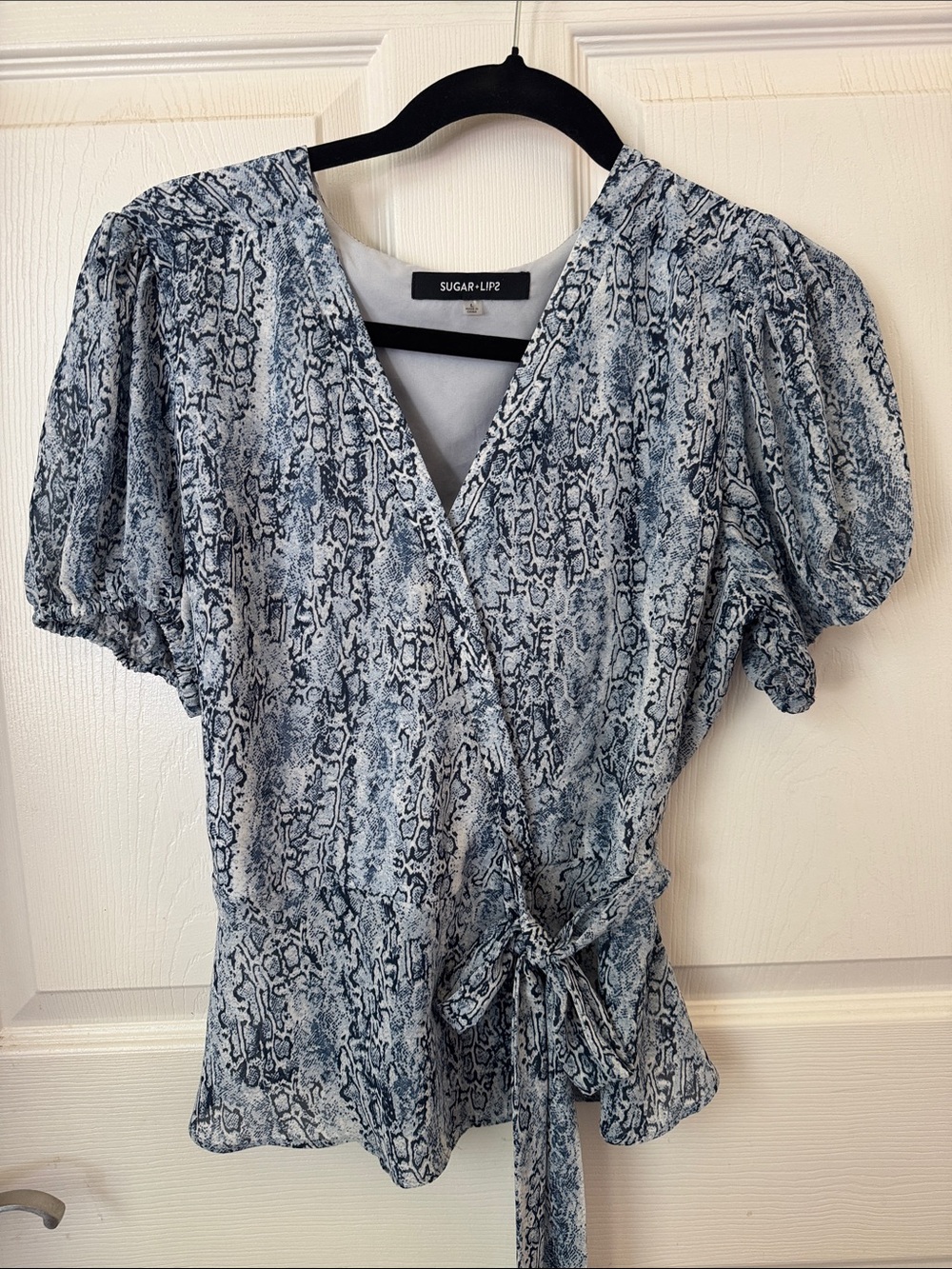Sugarlips Blue and White Snake-Print Wrap Blouse